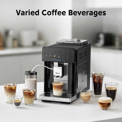 Midea GenuiBrew Fully Automatic Coffee Machine with Built-in Grinder, One-Touch Espresso, Latte & Cappuccino, Cold Brew, Dual Milk System, MCA-15B0FADMCPK