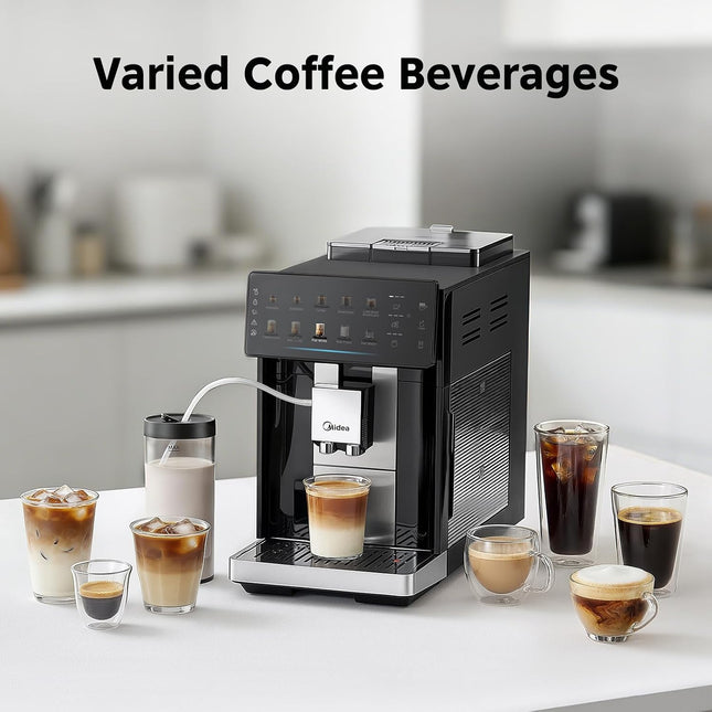 Midea GenuiBrew Fully Automatic Coffee Machine with Built-in Grinder, One-Touch Espresso, Latte & Cappuccino, Cold Brew, Dual Milk System, MCA-15B0FADMCPK