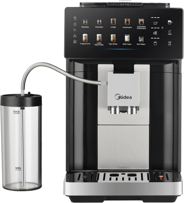 Midea GenuiBrew Fully Automatic Coffee Machine with Built-in Grinder, One-Touch Espresso, Latte & Cappuccino, Cold Brew, Dual Milk System, MCA-15B0FADMCPK
