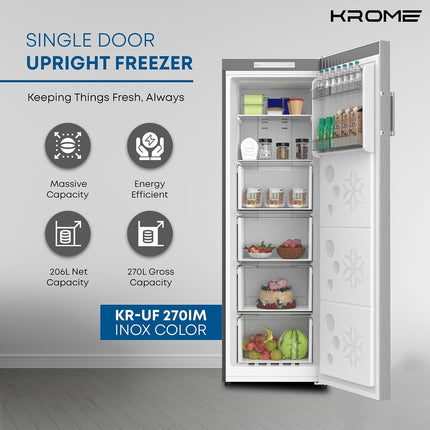 Krome Single Door Upright Freezer 270L Inox – KR-UF270IM