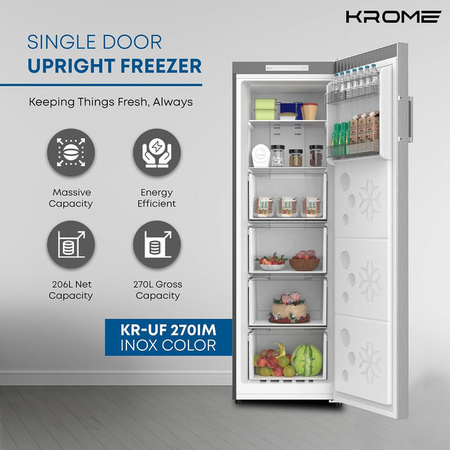 Krome Single Door Upright Freezer 270L Inox – KR-UF270IM