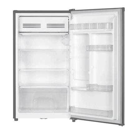 TCL F117SDS single door refrigerator - door open showing shelves and chiller