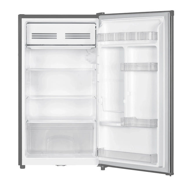 TCL F117SDS single door refrigerator - door open showing shelves and chiller