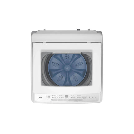TCL F408TLW top load washer - lid open showing pulsator drum