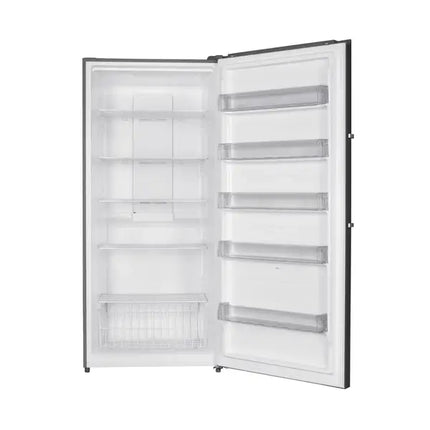 TCL P780SDN vertical freezer - door open showing shelves and door bins