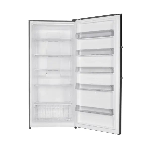 TCL P780SDN vertical freezer - door open showing shelves and door bins