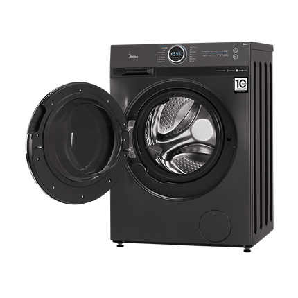 Midea MF200D80WB/T washer dryer, Titanium - angled, door open